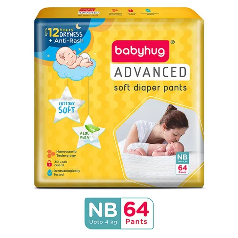 Babyhug Advanced Pant Style Diapers New Born (NB) Size – 64 Pieces, Honeycomb Technology, Cottony Soft Diaper with 3D Leak Guard, Latex & Alcohol Free, Anti-rash & Gentle