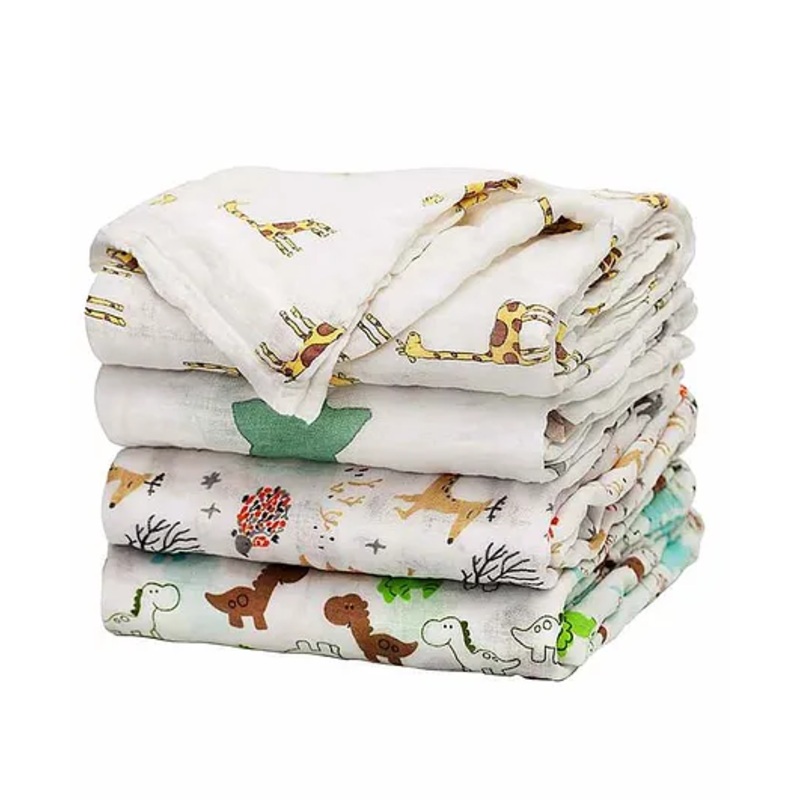 Elementary Reusable Muslin Cotton Square Organic Nappy Set Large Size Pack of 4 – Multicolor (Assorted Designs)