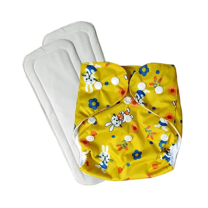 FANTASY INDIA Washable Baby Diaper Premium Cloth Diaper Reusable Adjustable Size  Waterproof Pocket Cloth Diaper Nappie 1 Diaper and 2 Insert Pad – Yellow