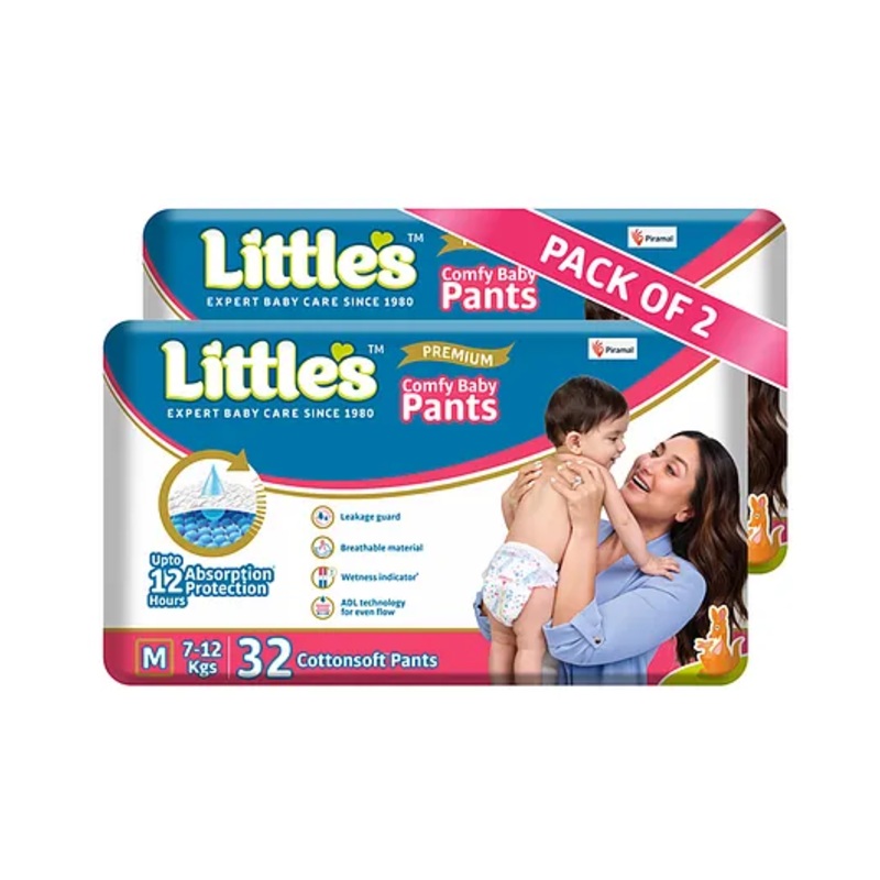 Little’s Cotton Soft Baby Diaper Pants with Leakage Guard Wetness Indicator Medium Pack of 2 – 64 Pieces