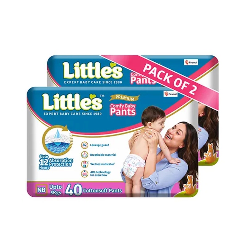 Little’s New Born Baby Diaper Pants Style (NB) | Upto 5 kg | 80 Count – Pack of 2 | CottonSoft Baby Diapers with Leakage Guard, Wetness Indicator & 12 Hours Absorption