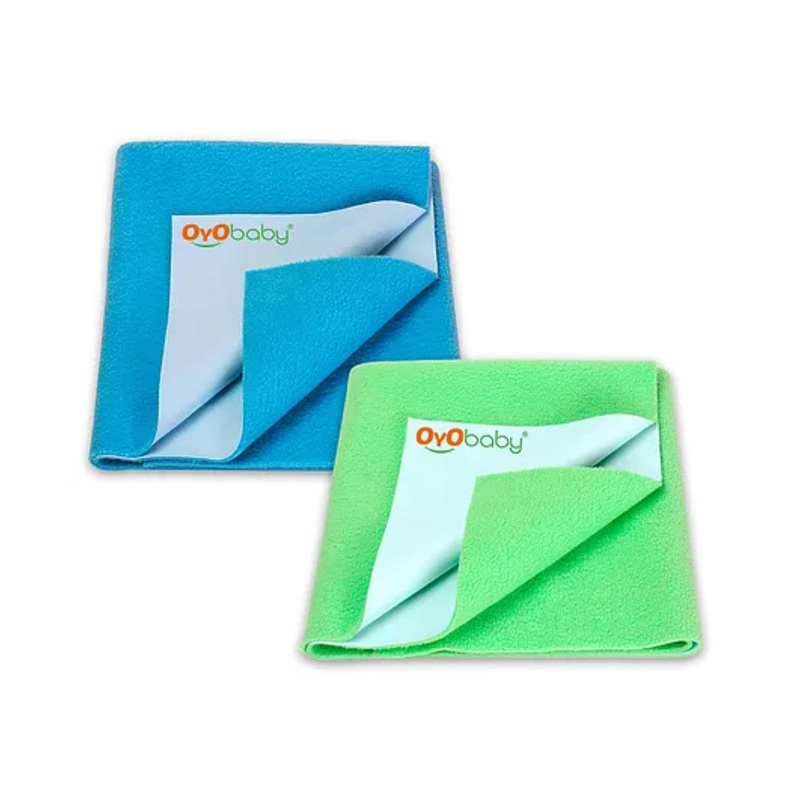 OYO BABY Soft & Waterproof Dry Sheet for Babies, Leakproof Bed Protector, Small (70cm x 50cm), Light Green & Firoza (Pack of 2)