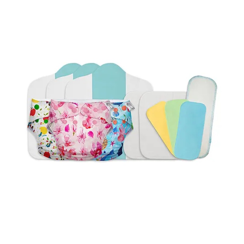 SuperBottoms Stash Builder Pack with 3 Freesize Cloth Diapers Combo 3 Fleece liners 2 Booster Pads & 1 Heavy Wetter Hemp Insert (Print May Vary)