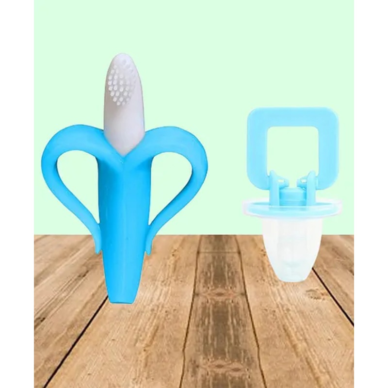 The Cheeky Kidzz Baby Silicone Banana Toothbrush Massaging & Cleaning Gums With Pacifier Teether Set BPA Free (BLUE)
