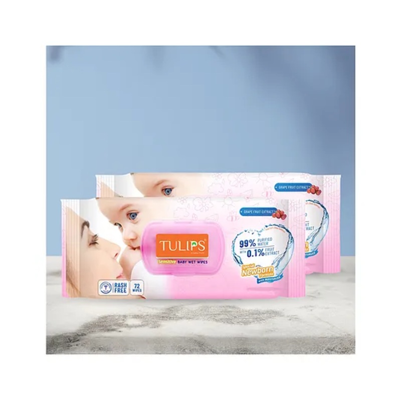 Tulips Sensitive Baby Wet Wipes With Lid Pack of 2 – 72 Pieces each