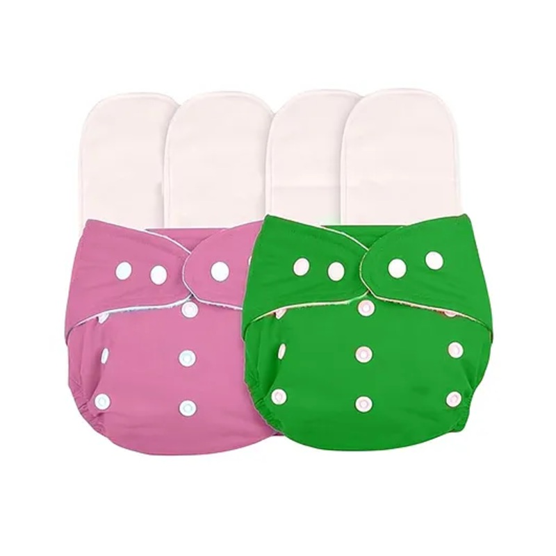 AEREX Reusable Baby 2 Cloth Diapers For 6 Months to 3 Years With 4 Insert Pads Leak Proof Washable Diapers For New Born Babies Adjustable Pocket Cloth Diaper Nappies (Pink & Green)