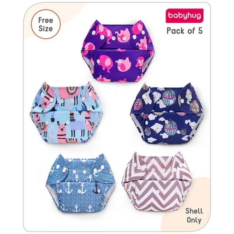 Babyhug Printed Free Size Reusable Cloth Diaper Without Insert ( Shell Only ) Pack of 5 – Multicolour