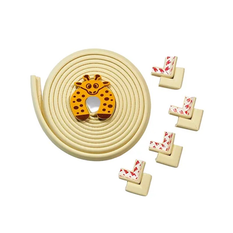 BabySafeHouse Edge Guard and Corner Protector  Extra Long 19ft (16.5ft Edge + 8 Pre-Taped Corner Guards) and Giraffe Shape Door Stopper (Beige Color) for Baby Proofing & Child Safety