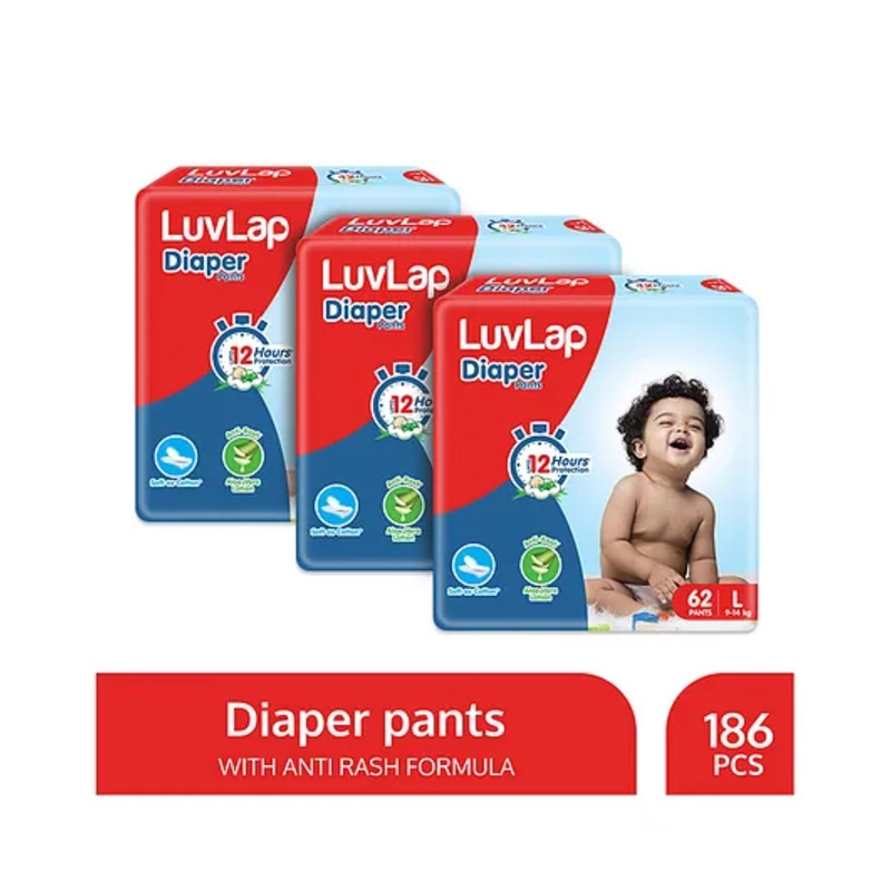 LuvLap Pant Style Baby Diapers, Large (LG), Pack of 3, 186 Pants, Aloe Vera Lotion, 12hr Protection, White