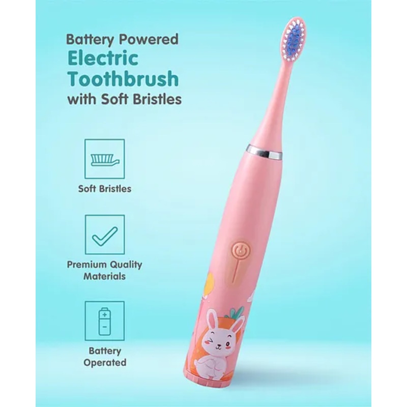 Rabbit Print Battery Powered Electric Toothbrush with Soft Bristles – Pink