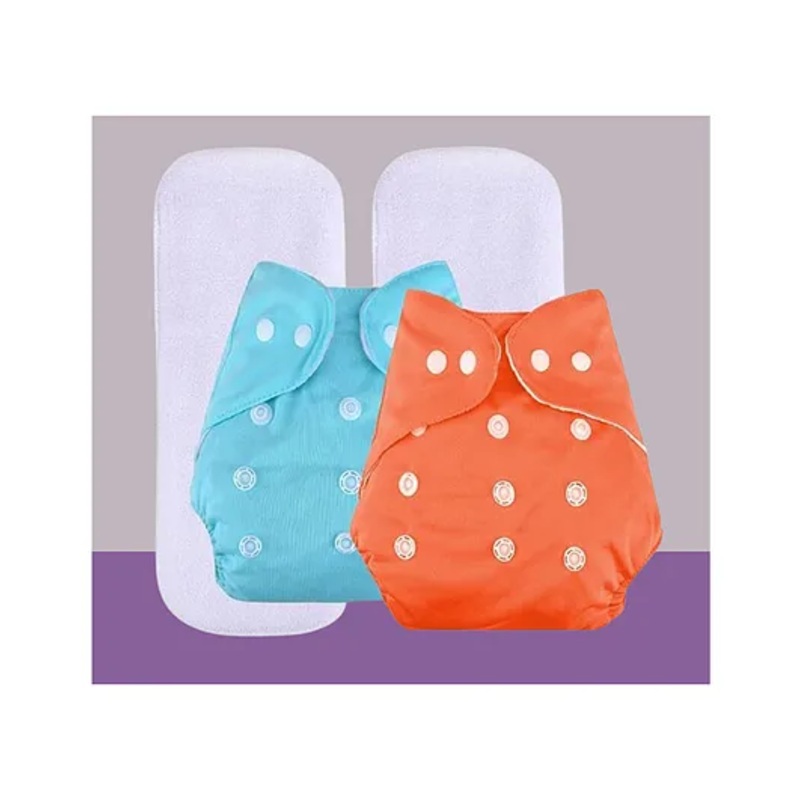 The Cheeky Kidzz Baby 2 Reusable Pocket Style Cotton Cloth Diapers With 2 Microfiber Bamboo White Insert Pads (0-24 Months) (Orange & Blue)