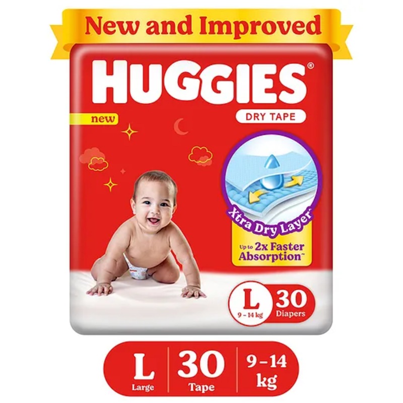 Huggies Dry Tape | Adjustable Tape Style Diapers, Large (L) Size (9-14 Kgs), Pack of 30 | Up To 2X Faster Absorption, Up To 12 Hours Overnight Absorption
