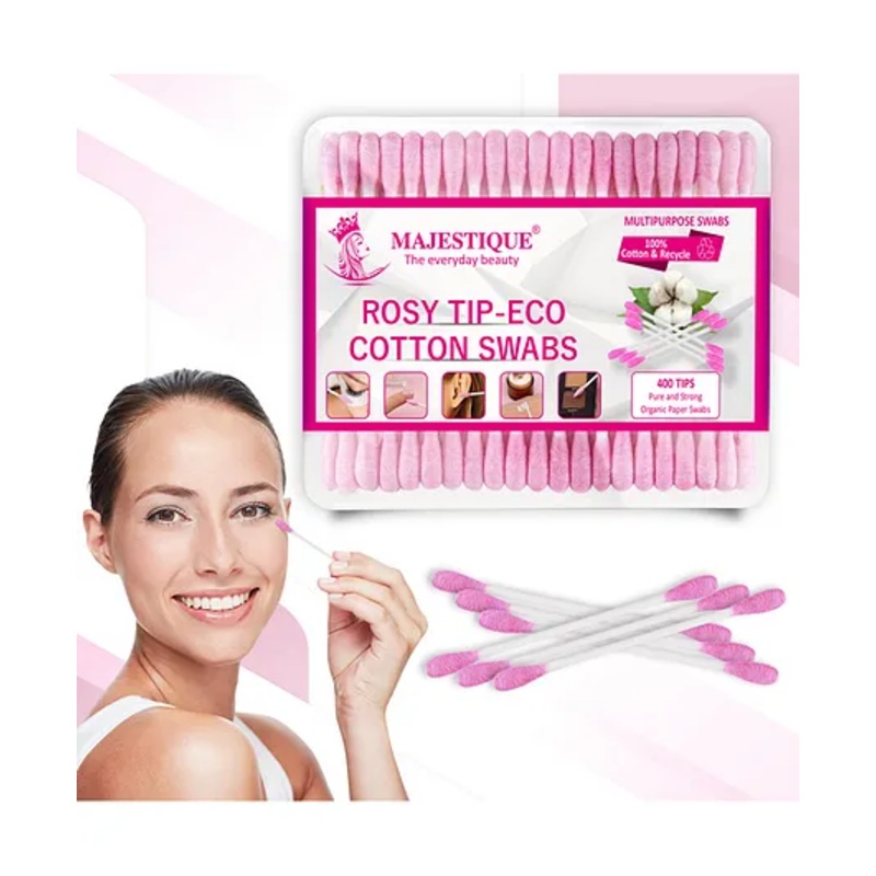 Majestique Rosy Tip Eco Cotton Swabs, Paper-made Sticks, Gentle for Face, Ear, Makeup – 200 pcs