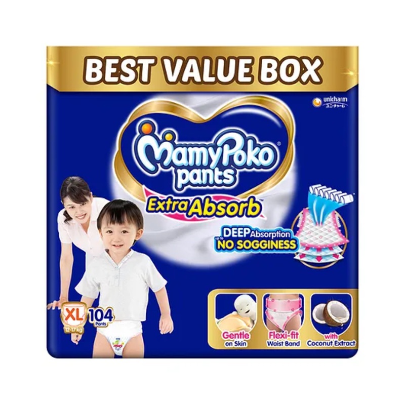 MamyPoko Pants Extra Absorb Baby Diapers, Extra Large (XL size) | 12-17 kg | 104 Count |Deep Sleep Diapers| Soft gentle fit |Deep Absorbent Crisscross | skin friendly with coconut oil |
