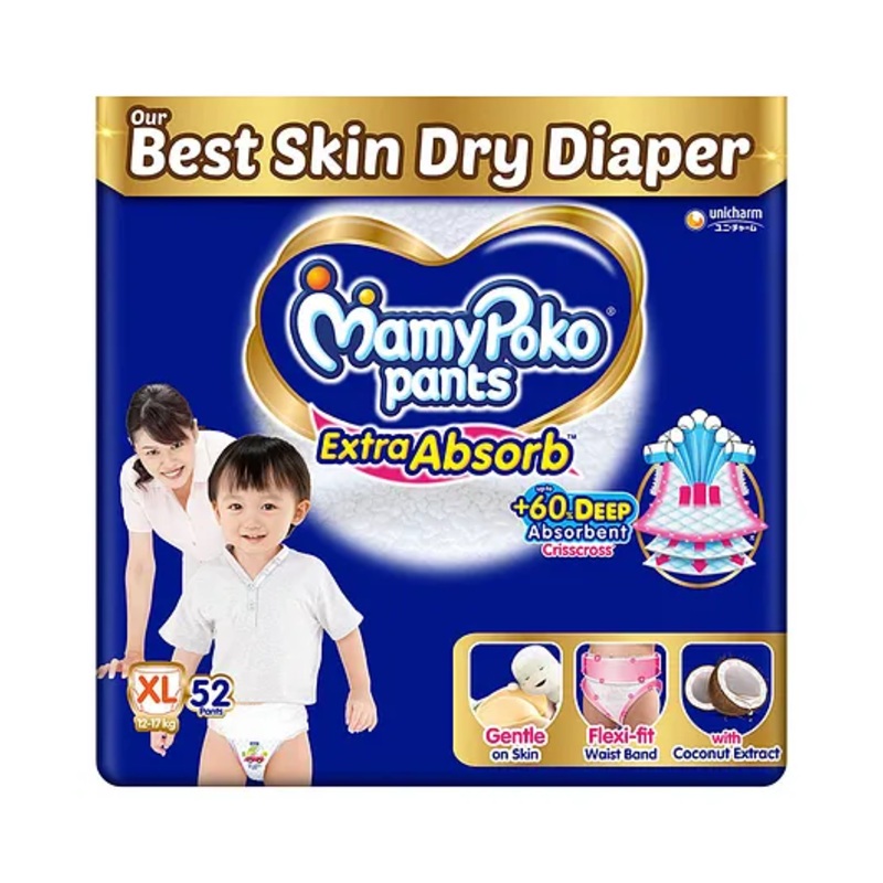 MamyPoko Pants Extra Absorb Baby Diapers, Extra Large (XL size) | 12-17 kg | 52 Count |Deep Sleep Diapers| Soft gentle fit |Deep Absorbent Crisscross | skin friendly with coconut oil |
