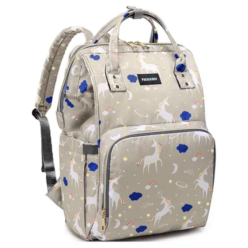 PACKNBUY Diaper Bag Backpack Unicorn Print Baby Travel and Storage Bag – Grey
