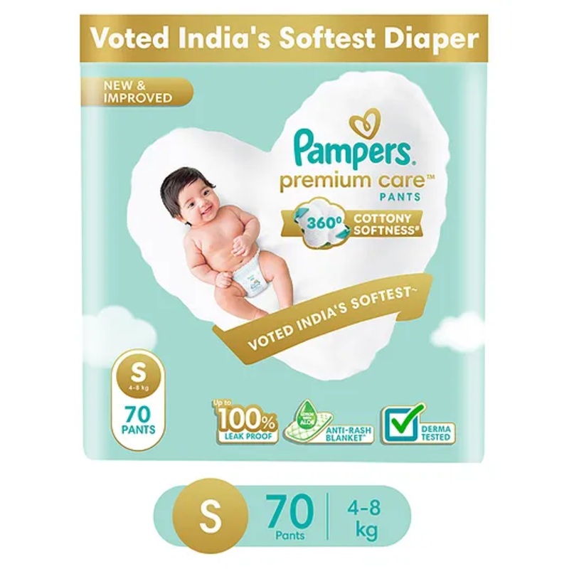 Pampers Premium Care Pants, Small size baby diapers (S), 70 Count, Softest ever Pampers pants