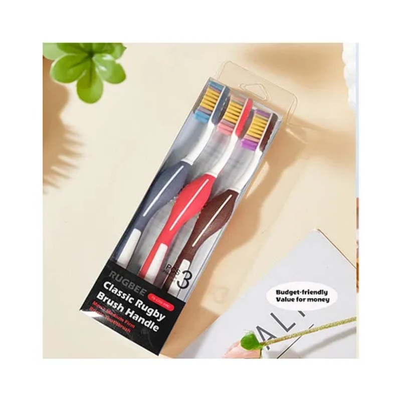 YAMAMA Classic Rugby Brush Tooth Brush Set -Toothbrush for Men And Women, Medium Bristles for Sensitive Teeth with Non-Slip Handle Design, Manual Tooth Brush for Adults  (Pack of 3 – Multicolor)