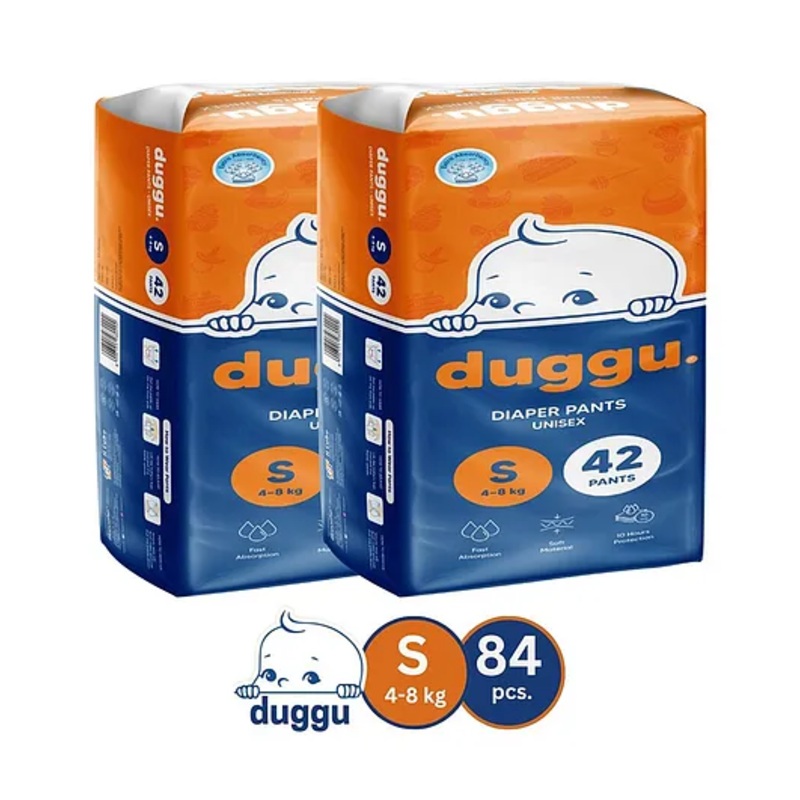Duggu Baby Diaper Pants | Feather-Like Cotton Feel | Up to 10-Hour Absorption | Soft Elastic Waistband | Highly Absorbent | Small | 4-8 KG | Pack of 2 – 84 Diapers