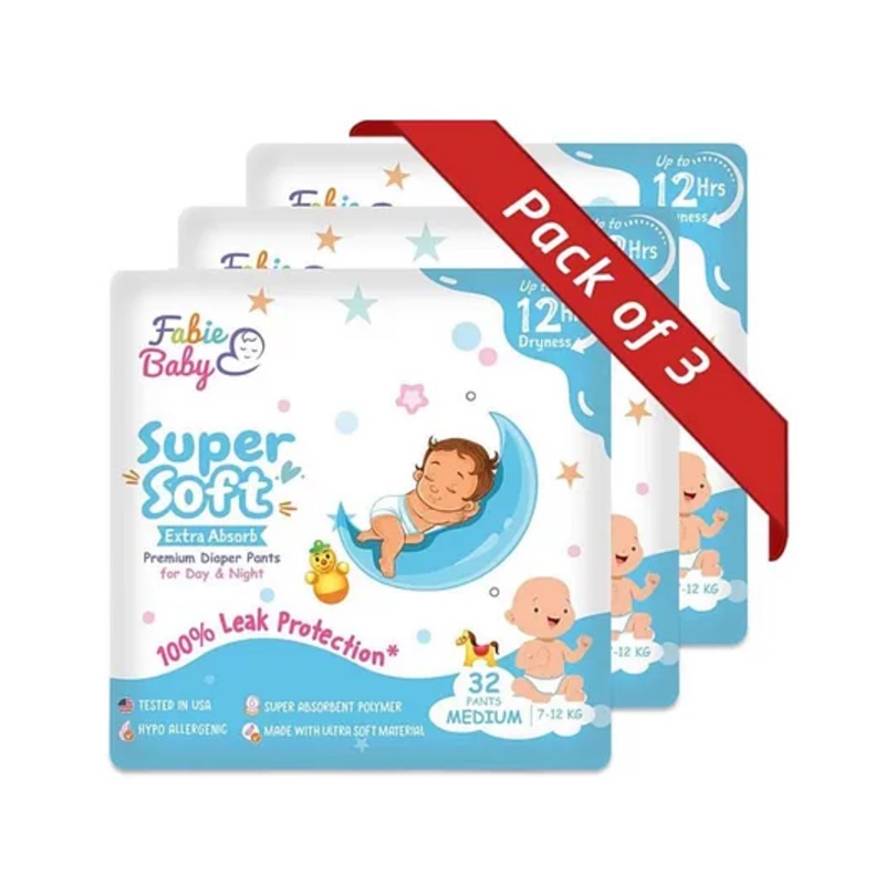 Fabie Baby Premium Diapers (32Pcs) with Leak Proof 2 Hours AbsorptionAnti Rash diapers & Tested In USA – Pack of 3