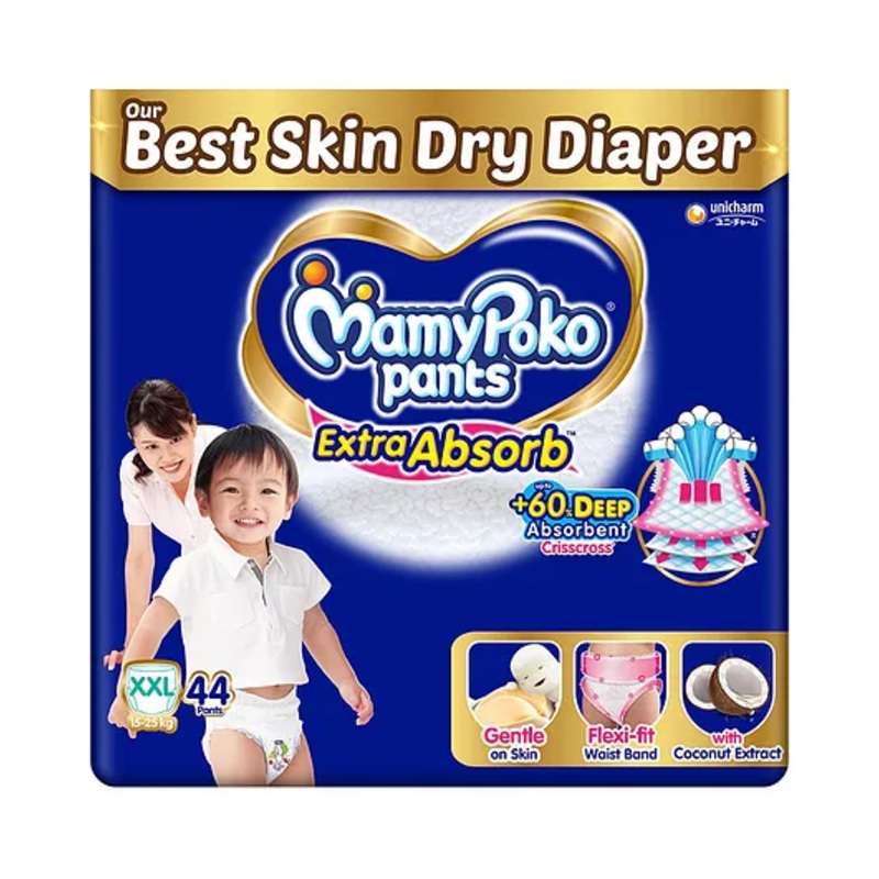 MamyPoko Pants Extra Absorb Baby Diapers, Extra Extra Large (XXL size) | 15-25 kg | 44 Count |Deep Sleep Diapers| Soft gentle fit |Deep Absorbent Crisscross | skin friendly with coconut oil |