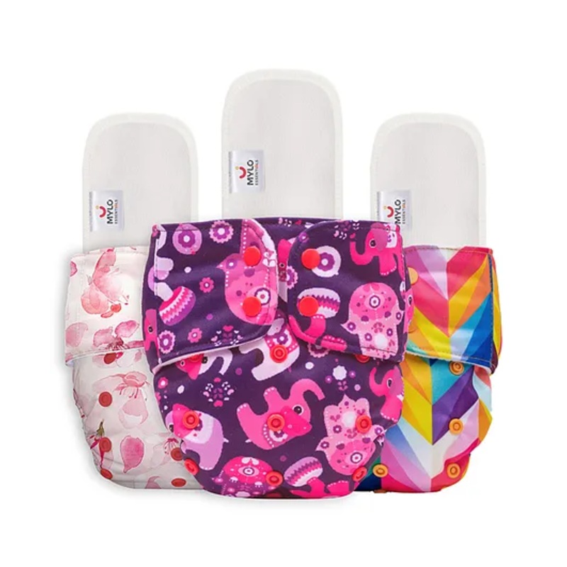 Mylo Baby  Freesize Adjustable Cloth Diapers with 3 Free Insert Oeko Tex Certified Pack of 3 –  Cherry Blossom Purple Rainbow Multicolour