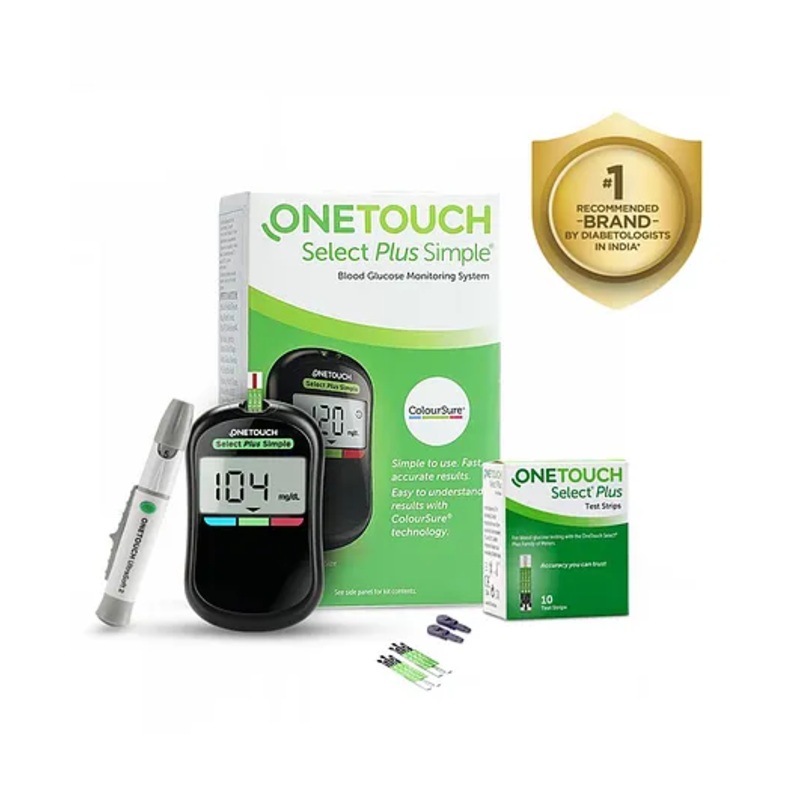OneTouch Select Plus Simple glucometer machine | Simple & accurate testing of Blood sugar levels at home | Global Iconic Brand | FREE 10 Test Strips + 10 Sterile Lancets + 1 Lancing device