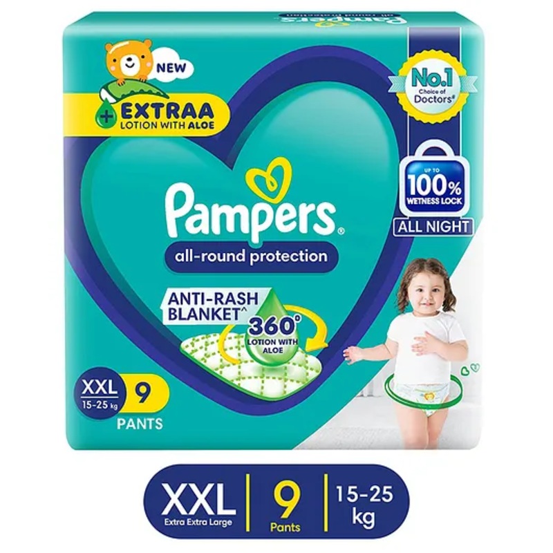 Pampers All round Protection Pants, Double Extra Large size baby diapers (XXL) 9 Count, 15-25 kg, Anti-rash blanket, 360 degree Lotion with Aloe Vera
