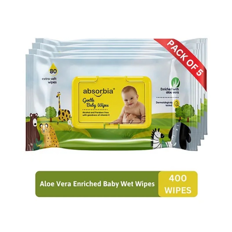 ABSORBIA Baby Wipes – With LID | Aloe Vera Extract | 400 Pieces | Pack of 5