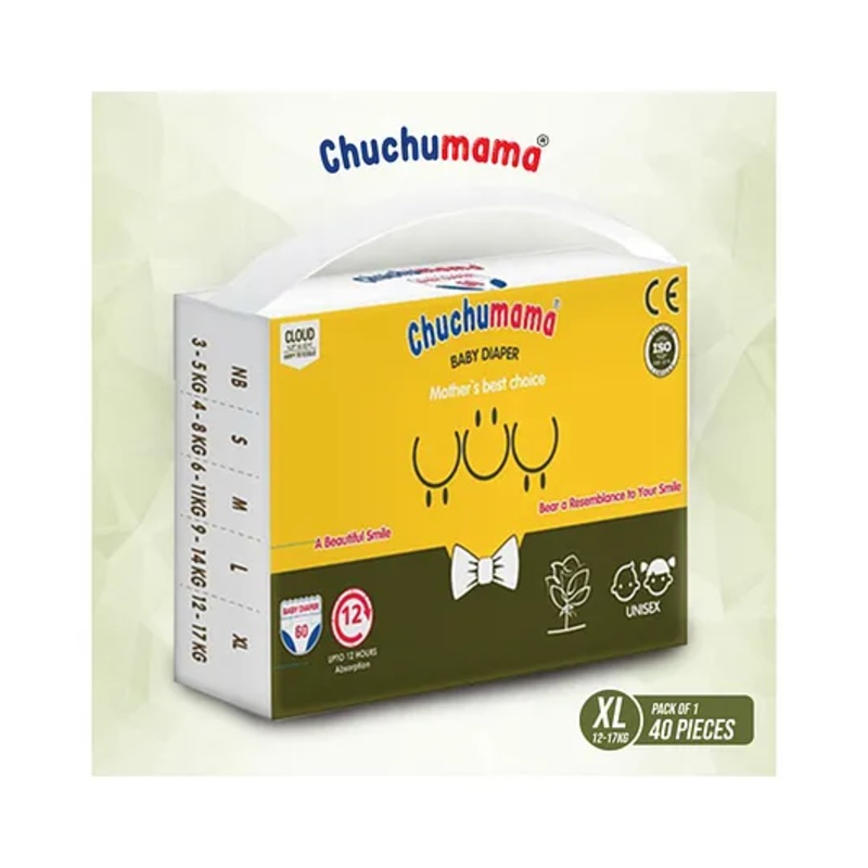 Chuchumama  Diapers Taped Style (VELCRO) Extra Large (XL) –  40 Count –  12-17 Kg –  12 hrs Absorption and Cottony Soft Material