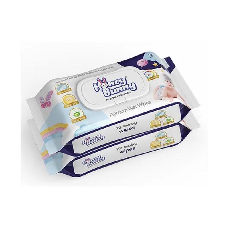 Honey Bunny Premium Wet wipes with aloe vera & Vitamin E (144 Wipes) Pack of 2 (144 Wipes)