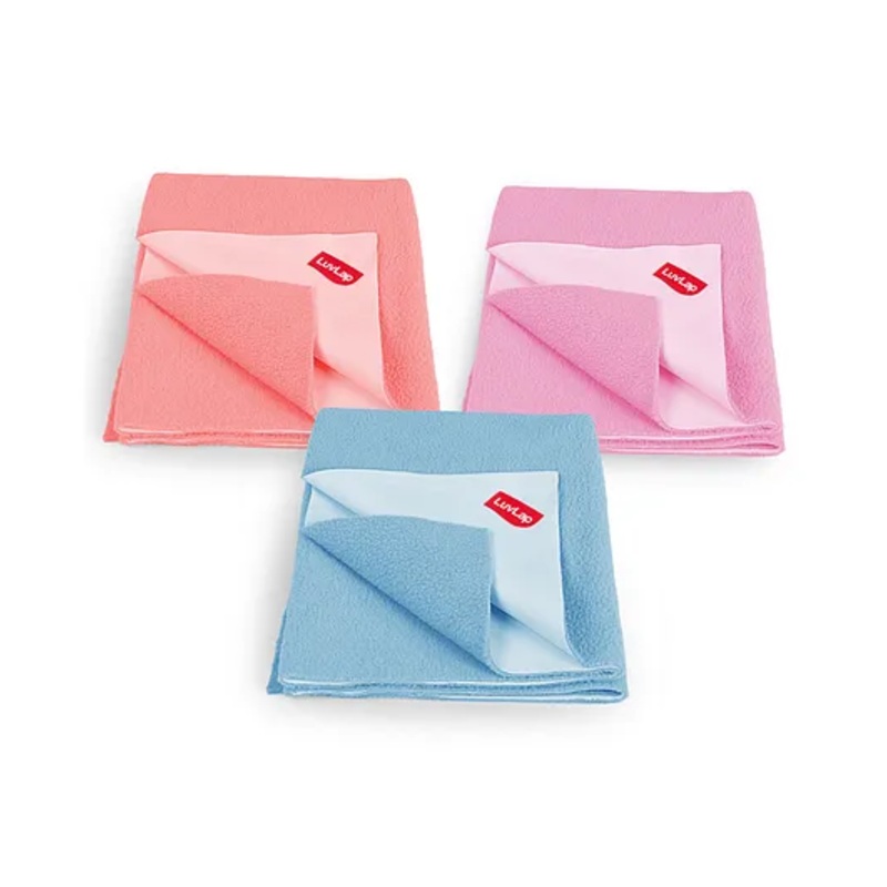 LuvLap Instadry Anti-Piling Fleece Quick Dry Baby Bed Protector, Waterproof, 50x70cm, Pack of 3, Salmon Rose, Baby Pink, Sky Blue