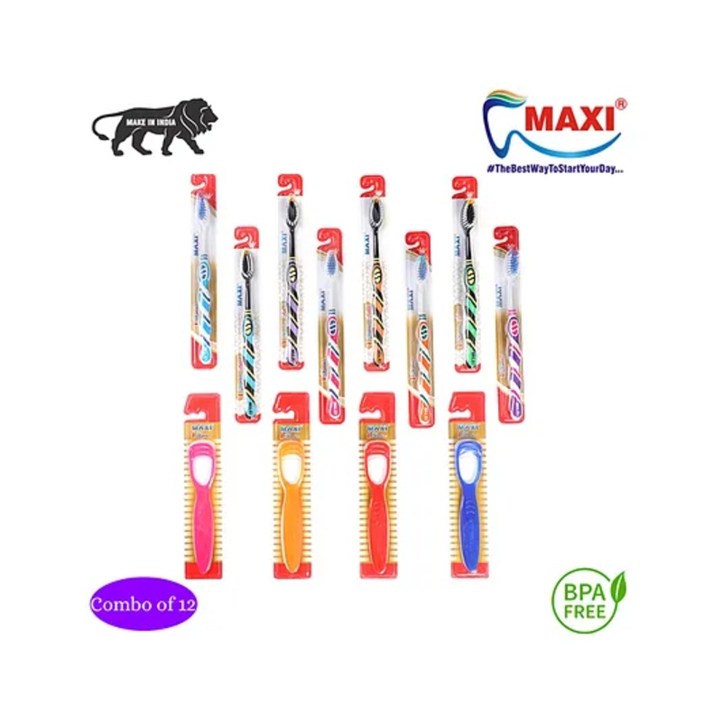 MAXI 1 Number Toothbrush & Tongue Cleaner Combo Pack of 12 – Multicolor