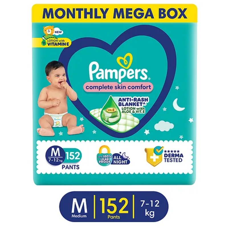 Pampers Complete Skin Comfort Pants, Anti-rash blanket, Lotion with Vitamin E & Aloe Vera,  Medium size baby Diapers, (M) 152Count, 7-12 kg