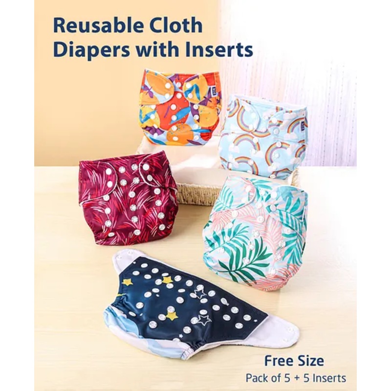 Zoe Free Size Reusable Cloth Diaper with Inserts Abstract Theme- Pack of 5