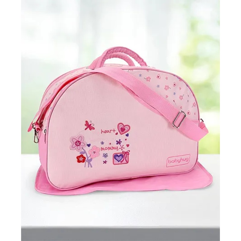 Babyhug Diaper Bag With Changing Mat Heart & Floral Print – Pink