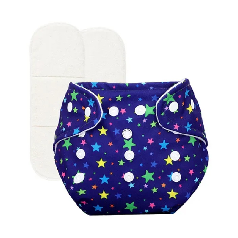 Deedry Reusable Adjustable Cloth Diapers with 2 Inserts Star Print – Navy Blue