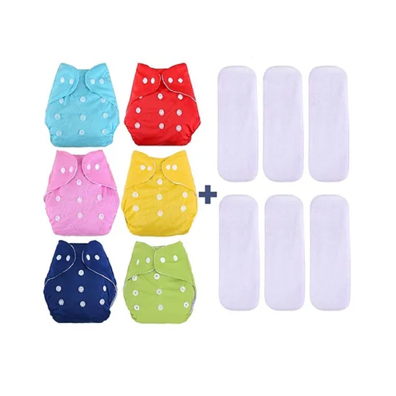 Fantasy India Reusable Washable 6 Cloth Diaper Nappies With 6 Wet-Free 5 Layer Insert Pads (Color May Vary)