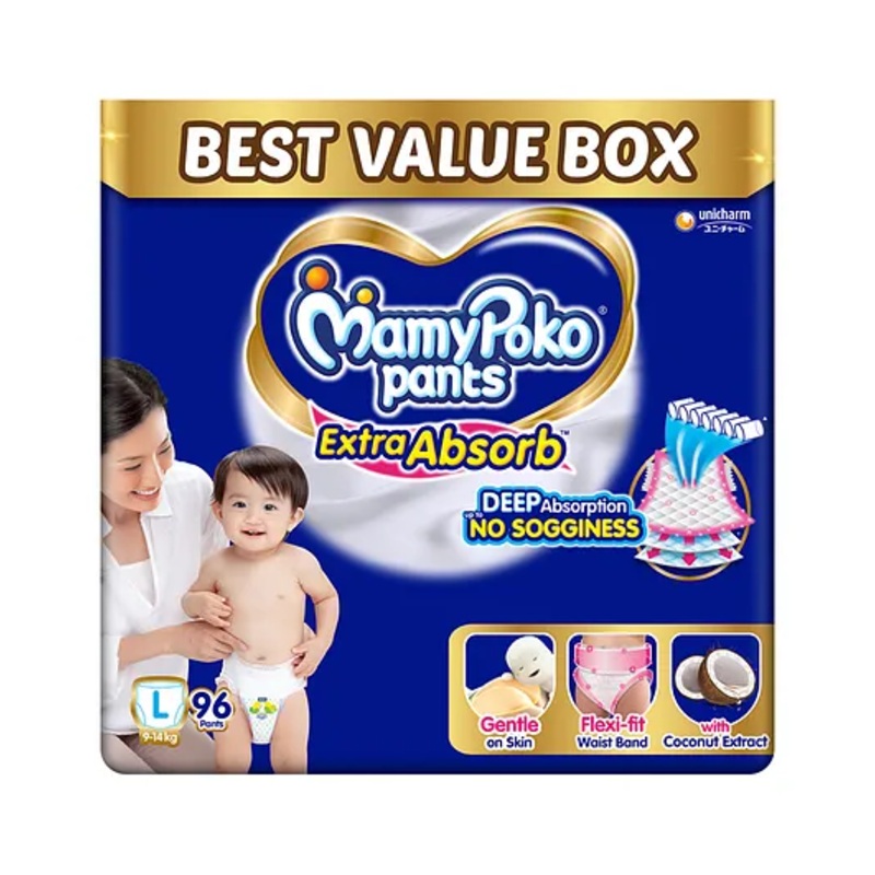 MamyPoko Pants Extra Absorb Baby Diapers, Large (L size) | 9-14 kg | 96 Count |Deep Sleep Diapers| Soft gentle fit |Deep Absorbent Crisscross | skin friendly with coconut oil |