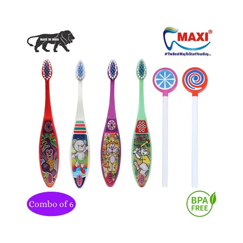 MAXI Oral Care Junior Toothbrush & Tongue Cleaner Pack Of 6 – Multicolor