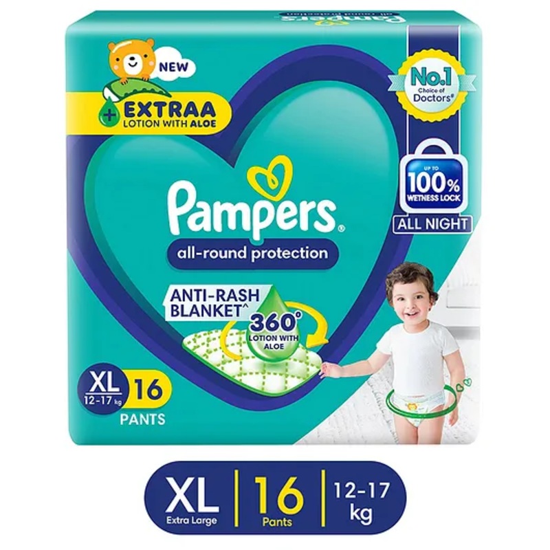 Pampers All round Protection Pants, Extra Large size baby Diapers, (XL) 16 Count, 12-17kg, Anti-rash blanket, 360 degree Lotion with Aloe Vera