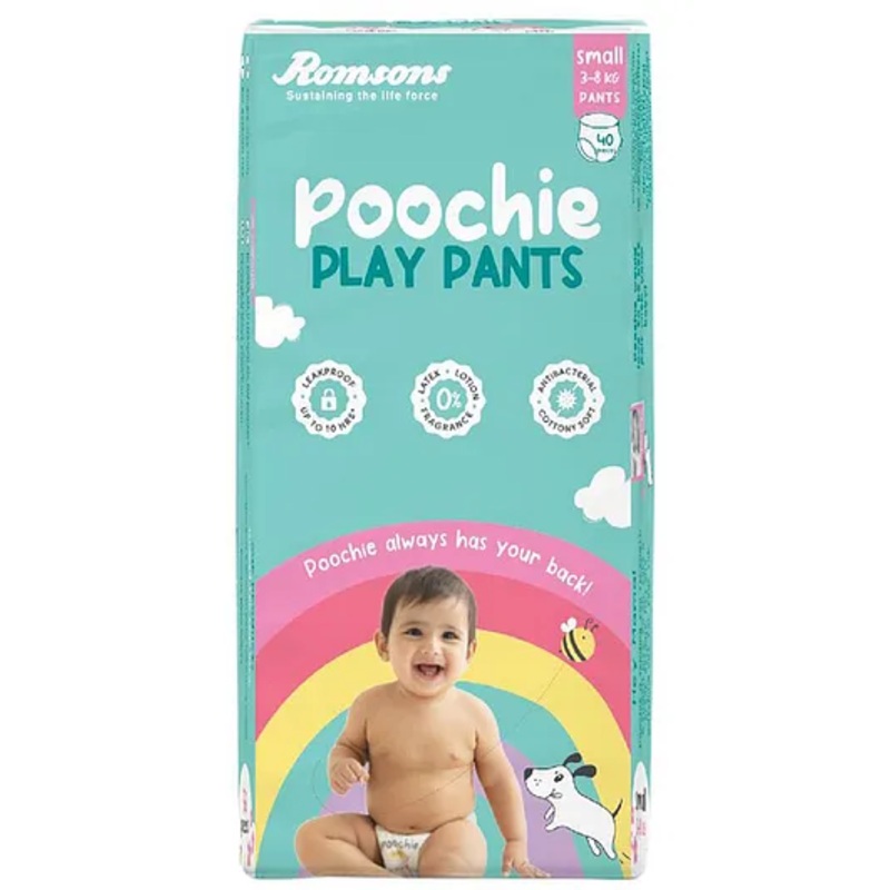 Romsons Poochie Play Pants Baby Diaper | Small Size | Super Absorbent Core | Leakproof Protection for up to 10 Hours | Wetness Indicator | 360 Comfort Fit | Suitable for 3-8 KG | Pack of 1 (40 count)