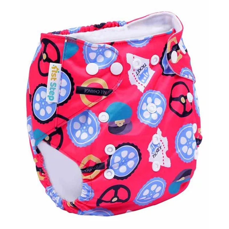 1st Step Size Adjustable Reusable Diaper With Diaper Liner Wheels Print – Red