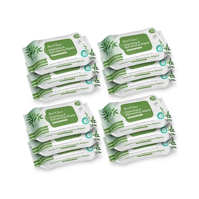 Arokleen Natural Daily Cleansing & Refreshing Wet Wipes With Neem & Tea Tree | Alcohol Free, Vitamin C & pH Balanced | Removes Oil & Dirt & Moisturizes Skin | Make Up Remover Wet Wipes- Clinically Tested- 360 WIPES ( PACK OF 12 )