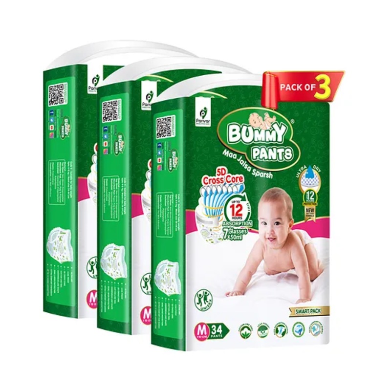 Bummy Pants  Super Dry Baby Diaper in Medium size, 102 Count Diapers, 5D Core, Anti-Rash Layer, 12Hrs Protection, 7-12kg – 102 Pieces