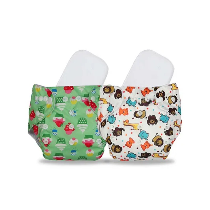 Chinmay Kids Cloth Diaper Cute Prints Freesize Reusable Washable Adjustable Snap Buttons Cloth Diaper For Babies With Wet Free Insert Pads Leak Proof & Dry Feel Pack of 2 – Green & White