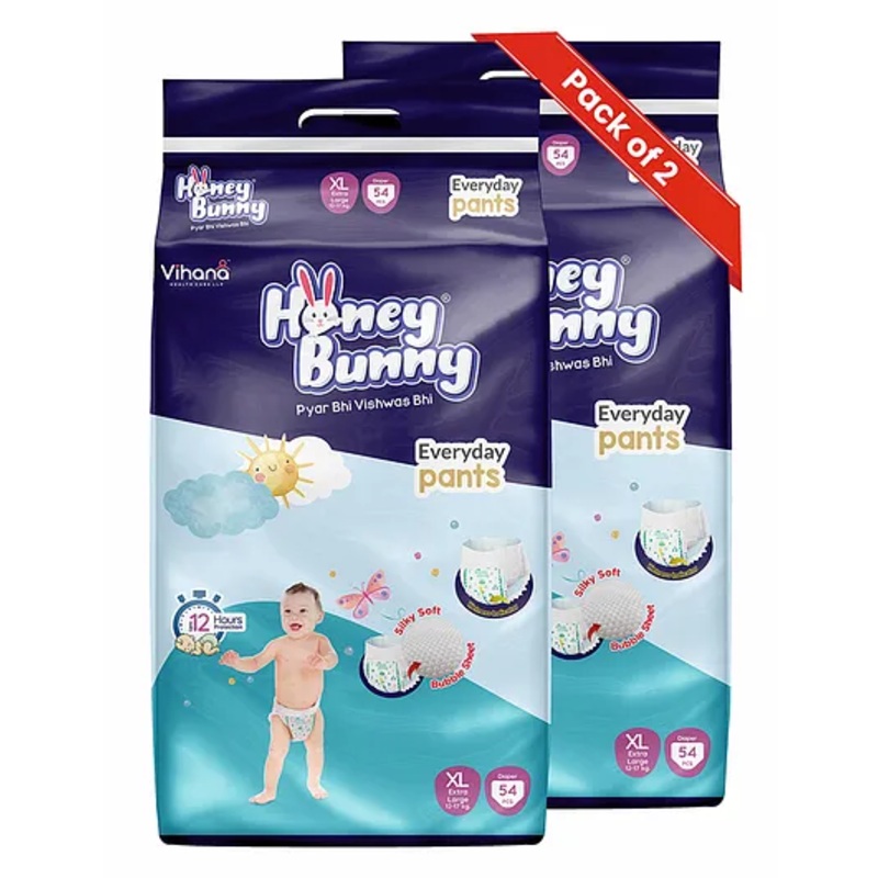 Honey Bunny Everyday Baby Pants Diapers with Silky Soft – Bubble sheet,Wetness Indicator, Extra Large -(54 pcs) (Pack of 2) – XL (108 pcs) (XL, 108)
