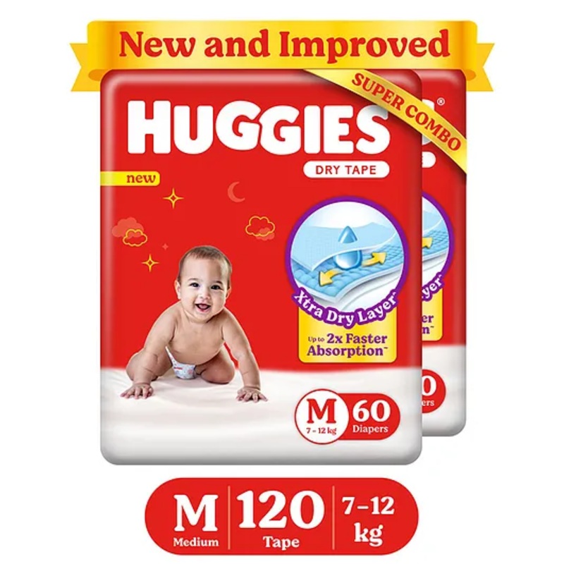 Huggies Dry Tape | Adjustable Tape Style Diapers, Medium (M) Size (7-12 Kgs), Combo Pack of 120 | Up To 2X Faster Absorption, Up To 12 Hours Overnight Absorption
