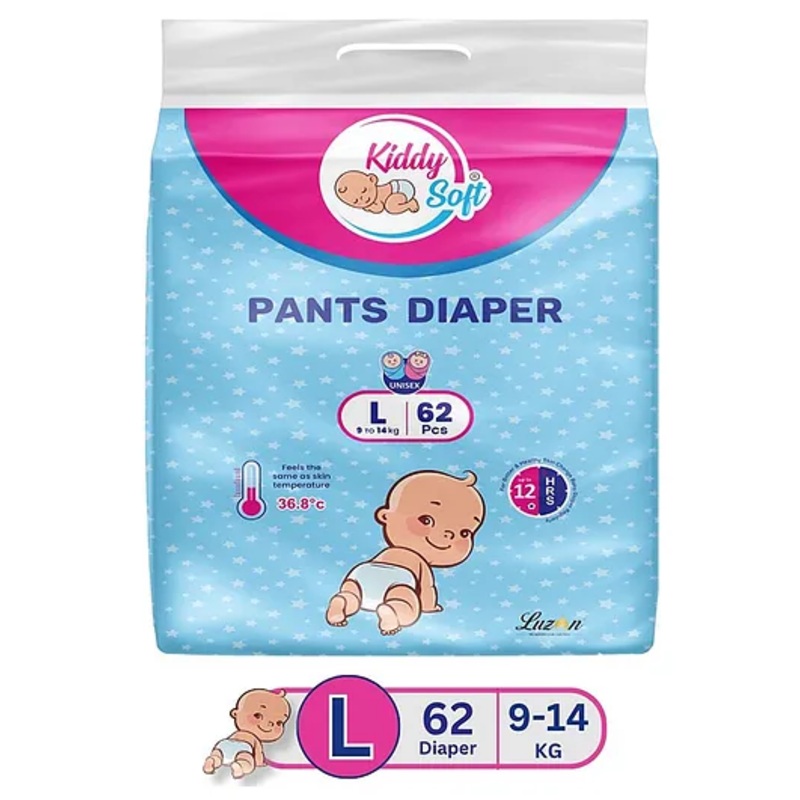 KiddySoft Baby Diaper Pants | Super Absorbent with Criss Cross Layer | Up to 12 Hours Protection | Softest Top Sheet | Comfortable Fit | Large (9-14 KG) | Pack of 1 (62 Diapers )