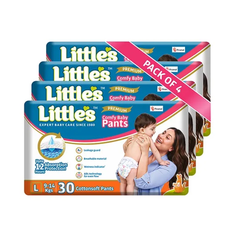 Little’s Cotton Soft Baby Diaper Pants with Leakage Guard Wetness Indicator Large Pack of 4 – 120 Pieces